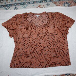 Nine West Tiger Boho Print Orange & Black Peasant Blouse XXL Semi-Sheer